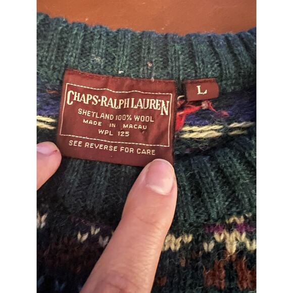 VTG Chaps Ralph Lauren Green Fair Printed Shetland Wool Western Preppy Large - Picture 2 of 3